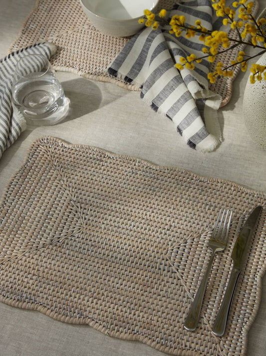 Set of 4 Ceres White Rattan Scallop Edge Rectangular Placemat