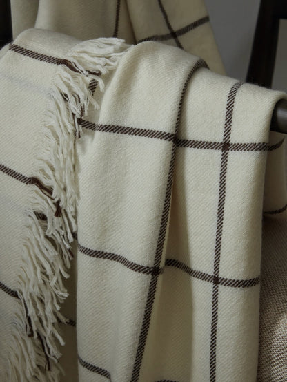 Cream & Brown Check Wool Throw