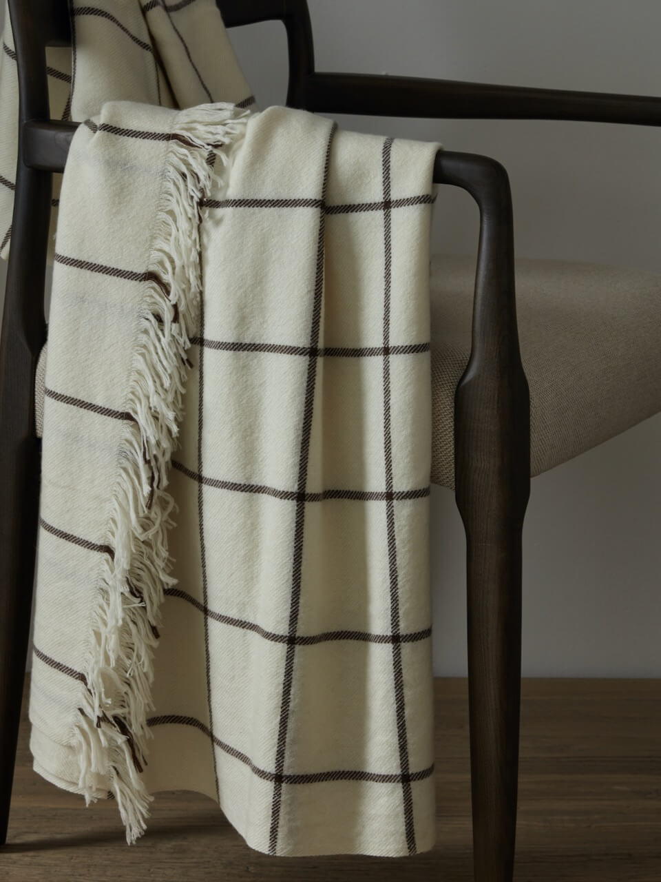 Cream & Brown Check Wool Throw
