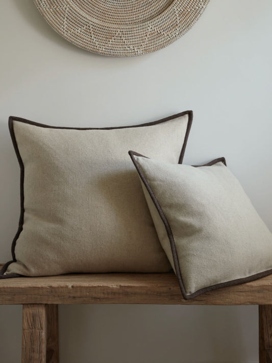 Cream Wool Cushion Cover with Brown Trim