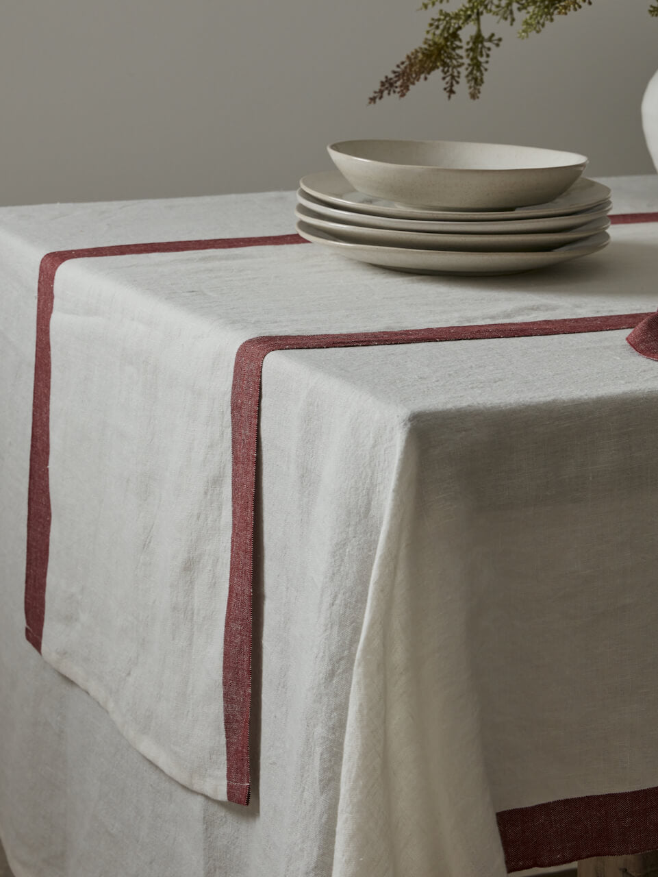 Linen Table Runner with  Burgundy Trim