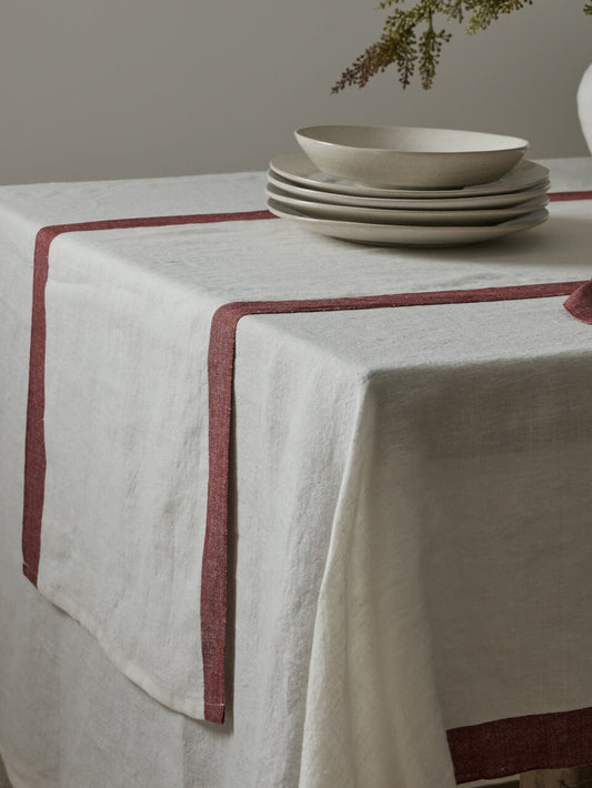 Linen Table Runner with  Burgundy Trim
