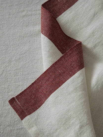 Linen Table Runner with  Burgundy Trim