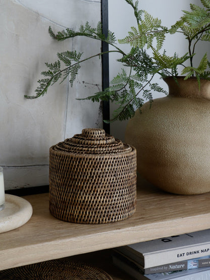 Leith Antique Brown Rattan Medium Lidded Storage Box