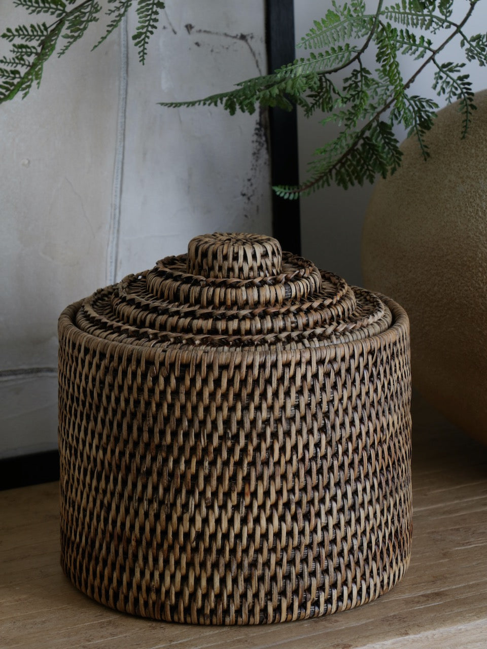 Leith Antique Brown Rattan Medium Lidded Storage Box