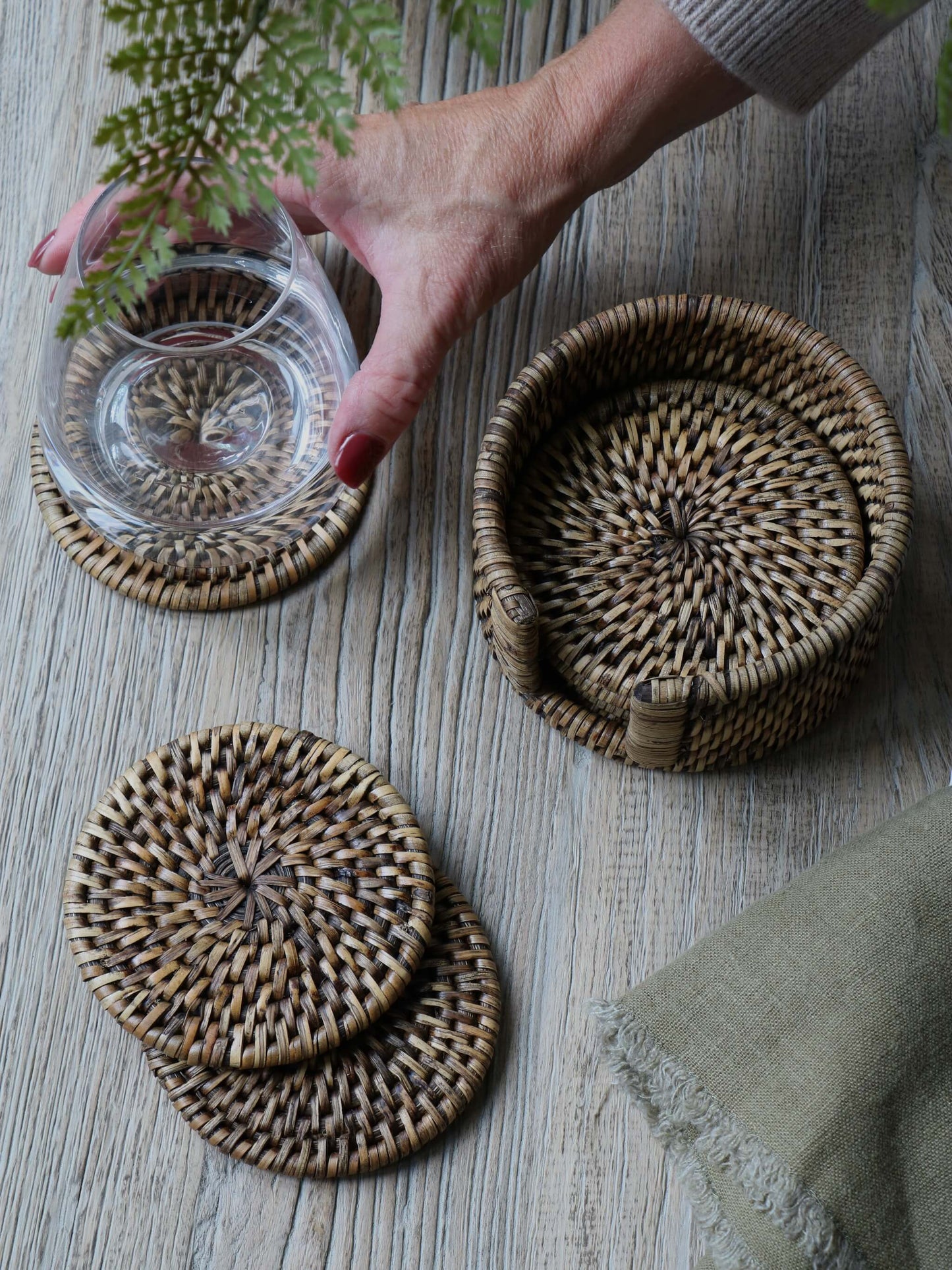 Set of 6 Antique Brown Rattan Coasters