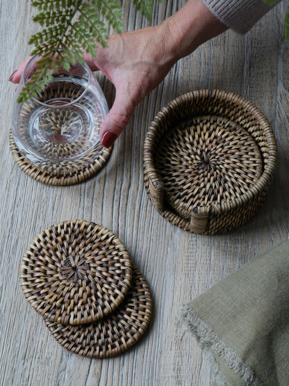 Set of 6 Antique Brown Rattan Coasters