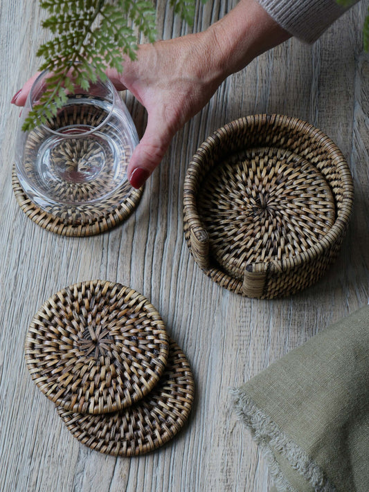 Set of 6 Antique Brown Rattan Coasters