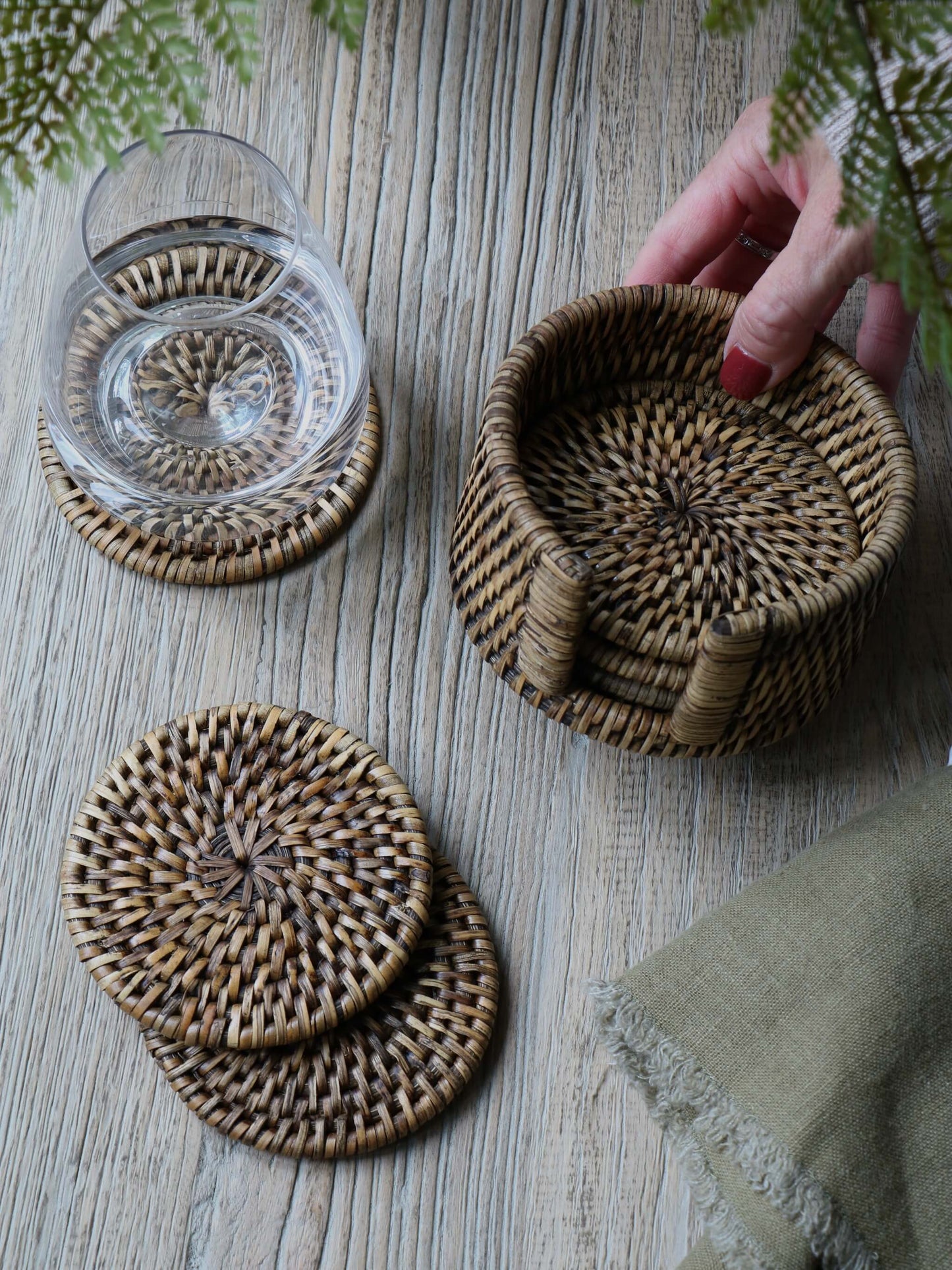 Set of 6 Antique Brown Rattan Coasters