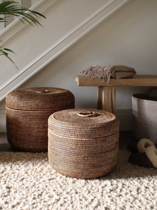 Ely Antique Brown Round Rattan Storage Box