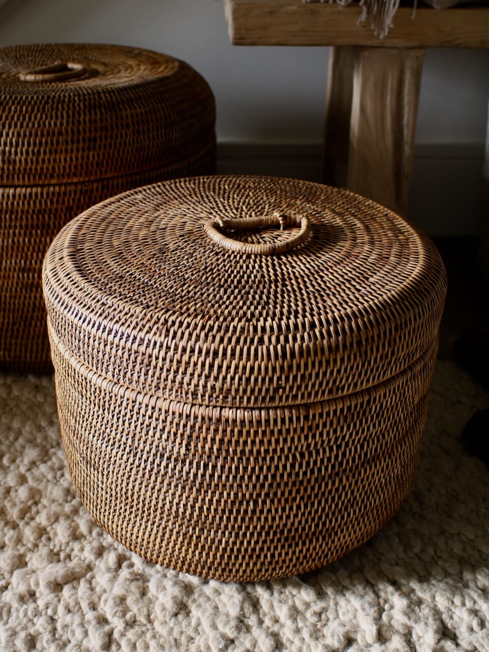Ely Antique Brown Round Rattan Storage Box
