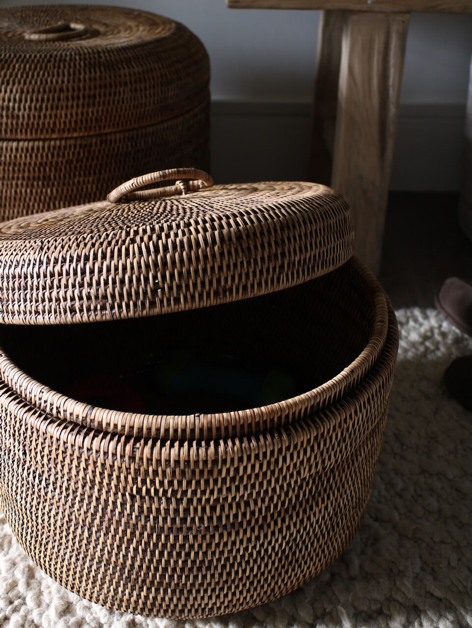 Ely Antique Brown Round Rattan Storage Box