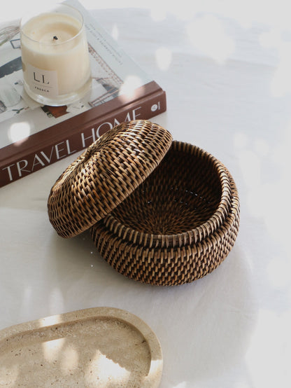Ely Antique Brown Round Rattan Storage Box Small