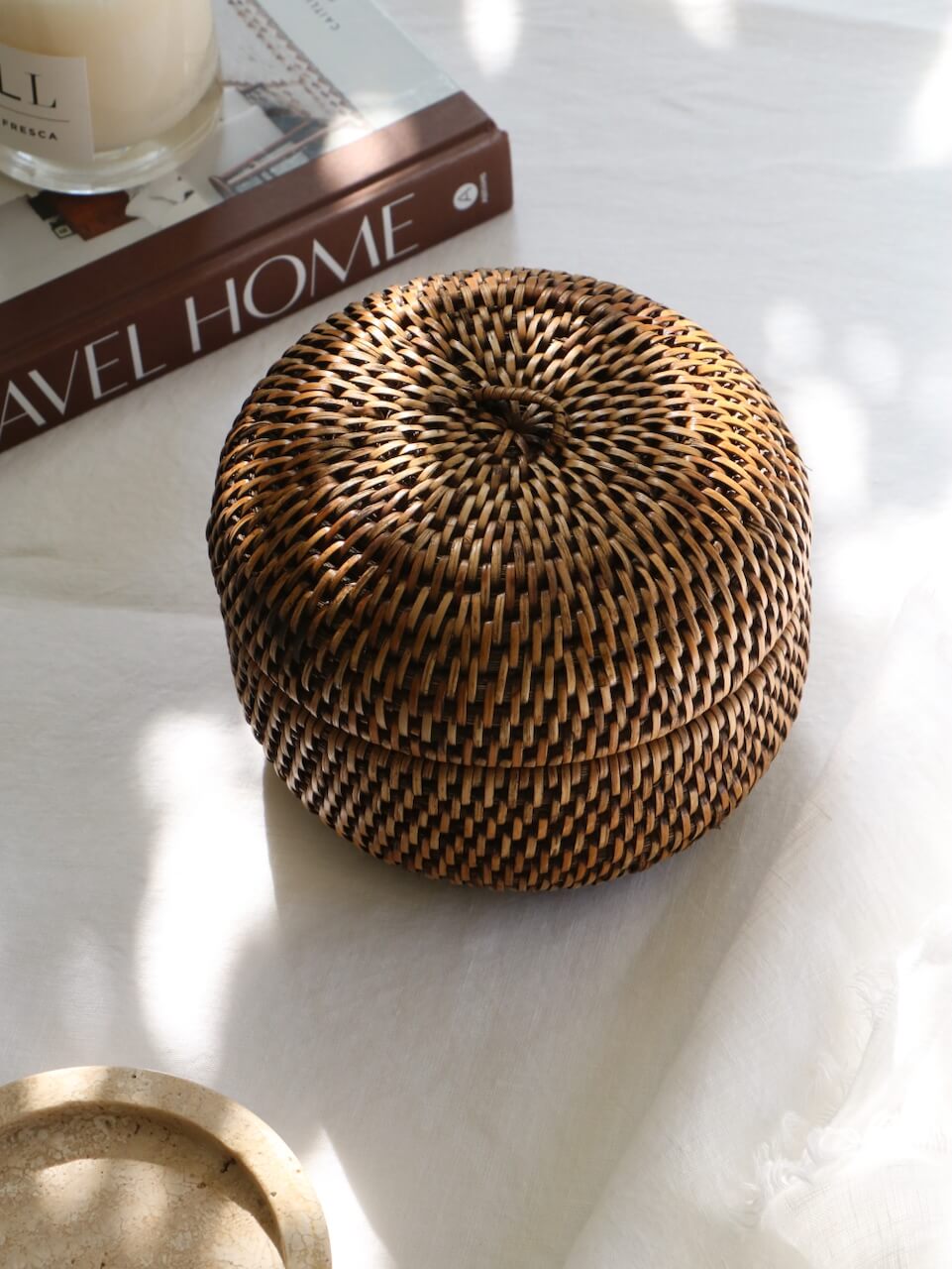 Ely Antique Brown Round Rattan Storage Box Small