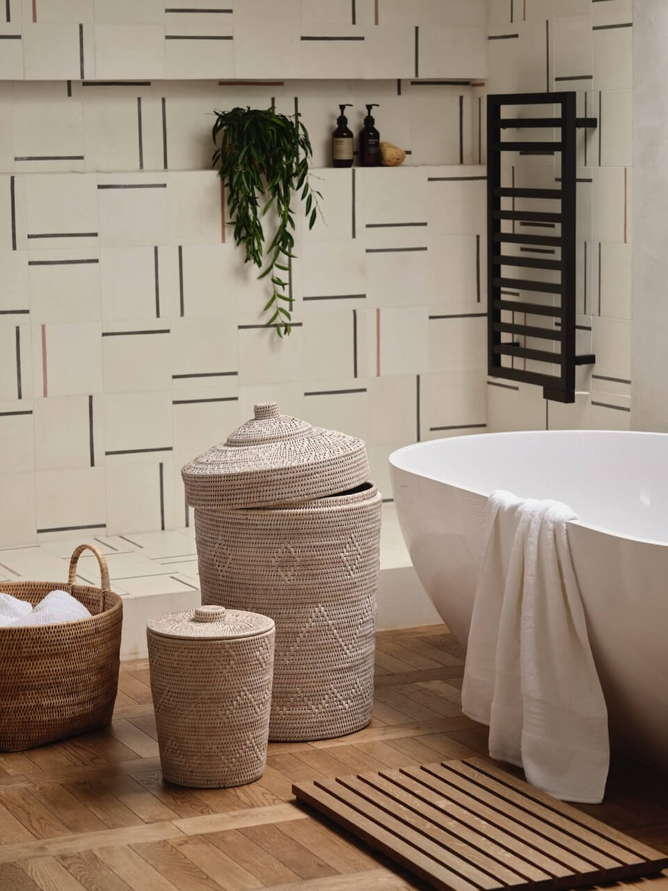 Lavan White Rattan Lidded Waste Paper Basket