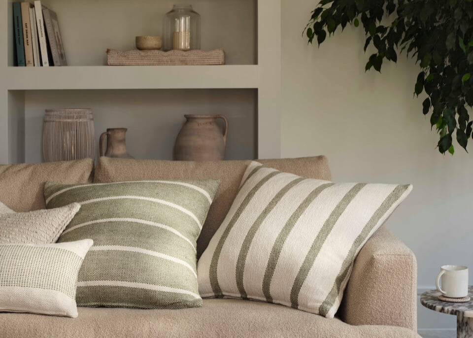 Green and Cream Stripe Cushion Cover